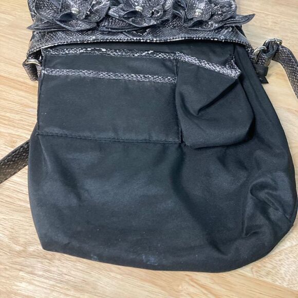 Nicole Miller, Snakeskin Print Gray Black Vegan Leather, Rosette Accents Womens - Picture 11 of 12